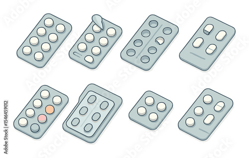 Pill blister icons set – line, medical and pharmaceutical packaging symbols