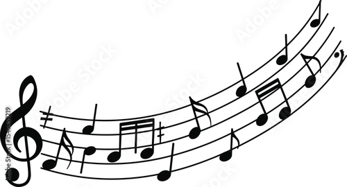 Dynamic Wavy Musical Staff with Black Notes and Treble Clef, Representing Melody, Harmony, Creativity, and the Universal Language of Music for Various Artistic and Design Projects.