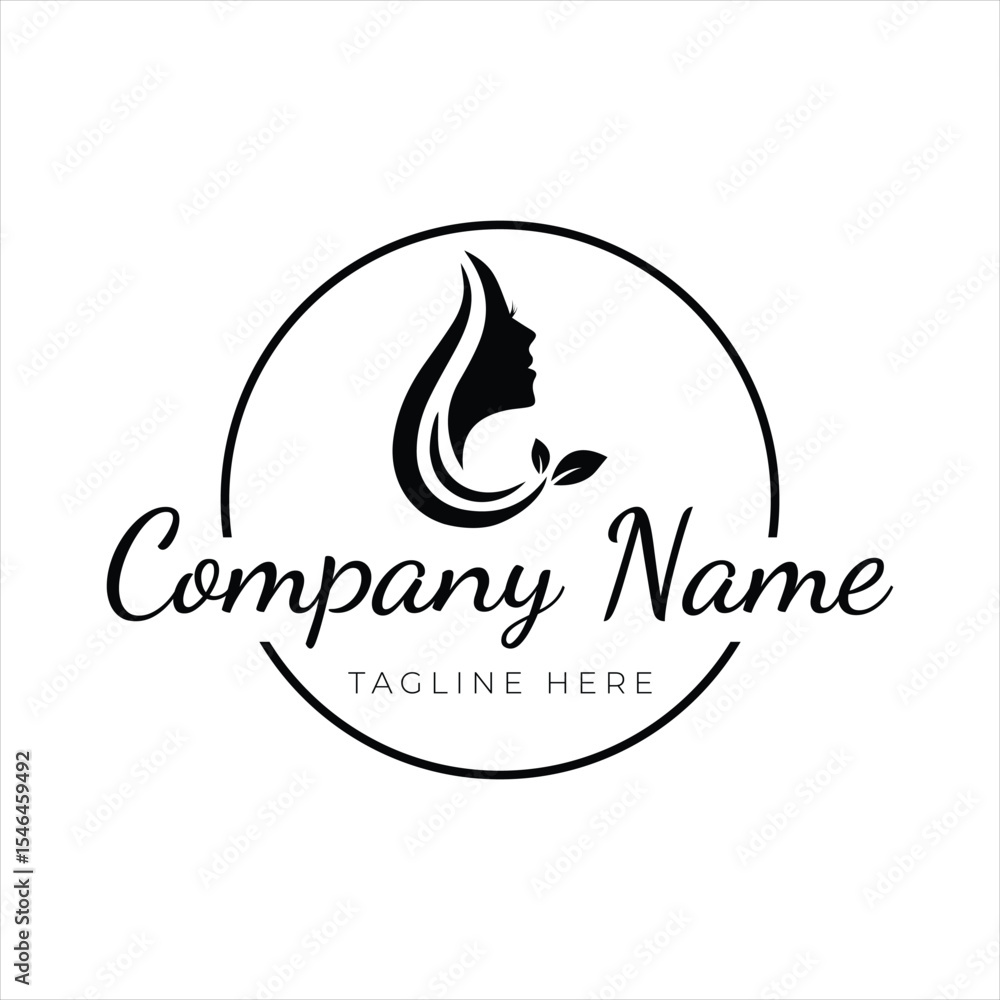 Obraz premium Beauty Salon Logo Design – Feminine Face with Leaf Vector Template, Hair, Skin, and Cosmetic Branding