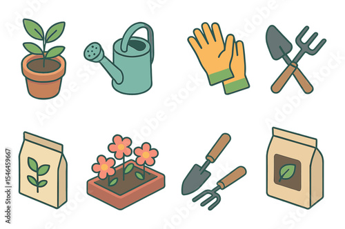 Gardening tools icons set – outline, simple garden and horticulture symbols collection