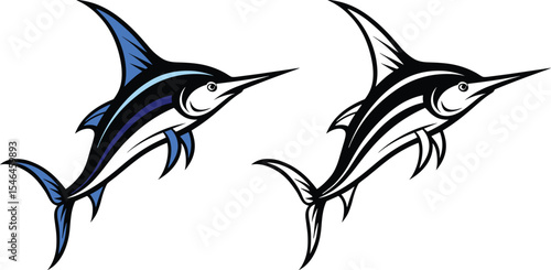 Marlin Fish Duo Vector Illustration, Sport Fishing Swordfish Graphic Design, Set of Marlin Fish Vector Logo Illustration.