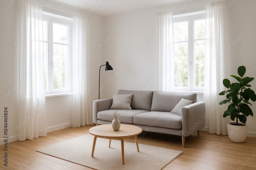 Fototapeta premium Modern Living Room With Natural Light and Minimal Decor Featuring a Gray Sofa, a Coffee Table, and Indoor Plants
