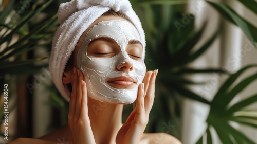 Woman applying facial mask, serene and relaxed