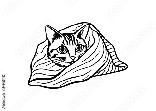 Silhouette of cat hiding under blanket isolated on a white background