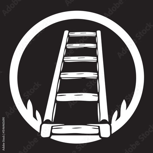 A white vector illustration of a ladder extending upwards, enclosed within a white circle against a black background, suggesting progress or reaching new heights.