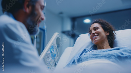 A woman is smiling while a doctor looks on