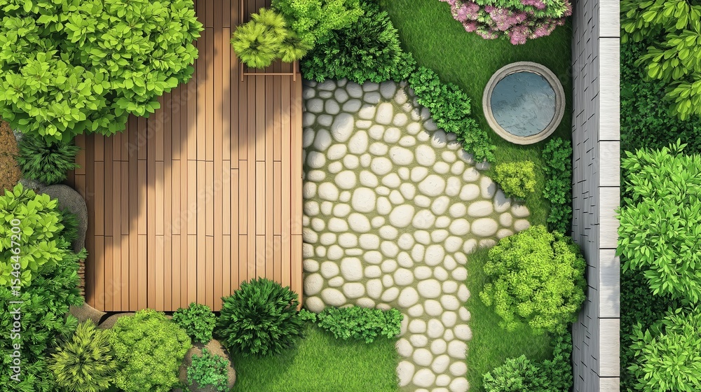 Fototapeta premium Beautiful tranquil garden with wooden deck, stone paths, and lush greenery