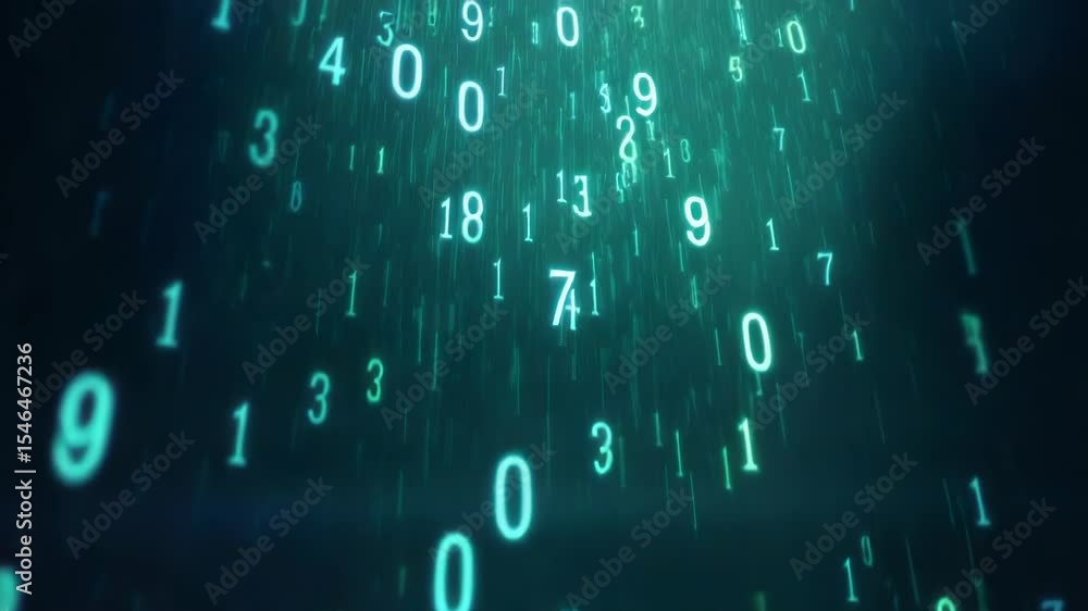 Futuristic Digital Rain Effect Glowing Green and Blue Numbers Cascading in a Matrix-Inspired Animation