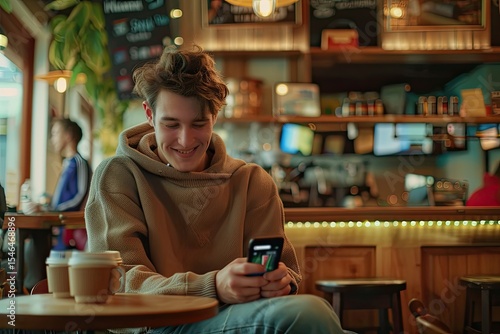 High Detail Visual of Happy Male Student Sitting in a Coffee Shop, Using a Smartphone