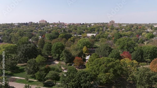 Aerial view of Lawrence, Kansas, featuring the Kansas University campus with its buildings