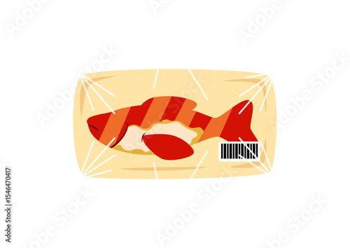 Red Fish Wrapped in Plastic with Barcode