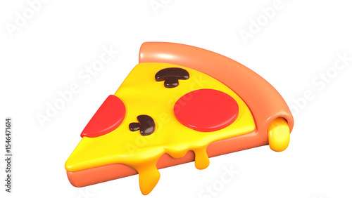 A playful, cartoonish slice of pizza with a smiling face, designed for fun and enjoyment.