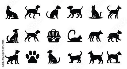 Black silhouette images of dogs cats and pet carrier