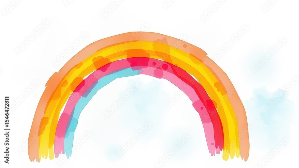 Fototapeta premium Colorful rainbow illustration against a white background with blue clouds