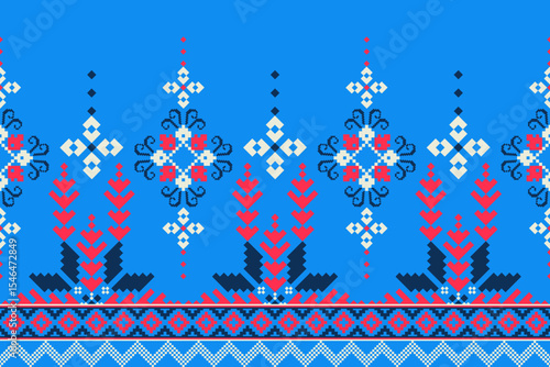 Cross stitch pattern concept showcasing traditional ethnic geometric pattern, Design for textile, background,carpet,wallpaper,clothing,wrapping,Batik,fabric,Vector illustration	
