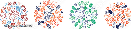 coffee beans and leaves texture background set vector illustration