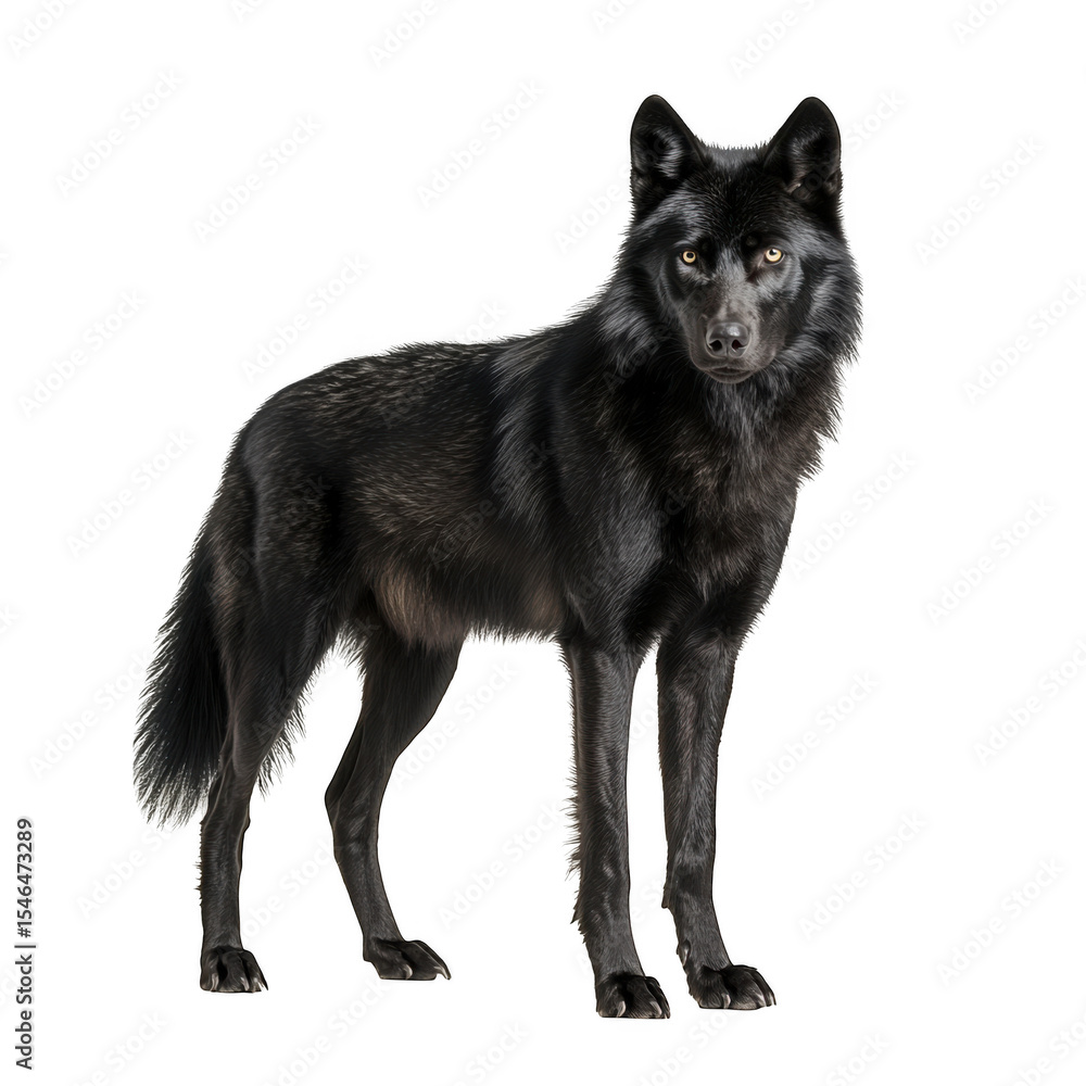 Fototapeta premium Standing black wolf with alert expression isolated on transparent background