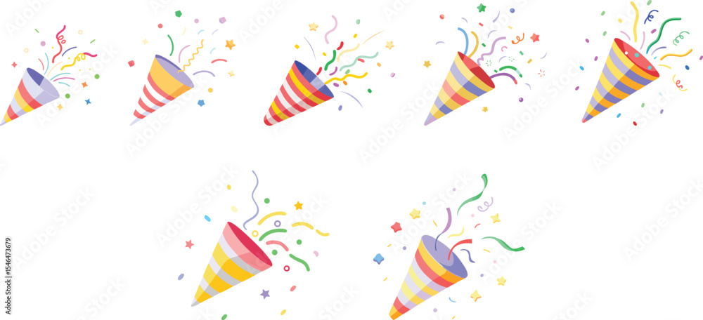 Fototapeta premium Exploding party popper with confetti set vector illustration