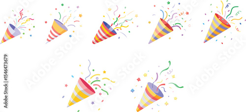 Exploding party popper with confetti set vector illustration