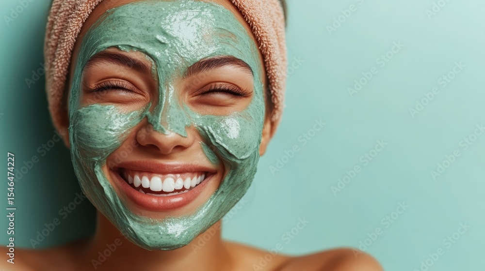 Fototapeta premium A joyful woman smiling with a green facial mask on, showcasing a refreshing beauty routine while exuding positivity and self-care in her skincare regimen.