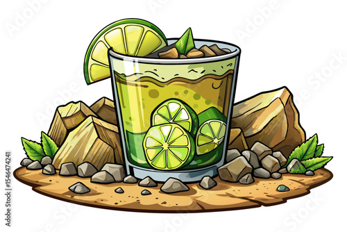 Caipirinha cocktail in short glass with fresh lime slices and ice cubes refreshing Brazilian vector drink ideal for summer menus, bar posters, or tropical party themes