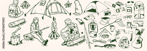 Hand-drawn travel and camping icons set in monochrome style