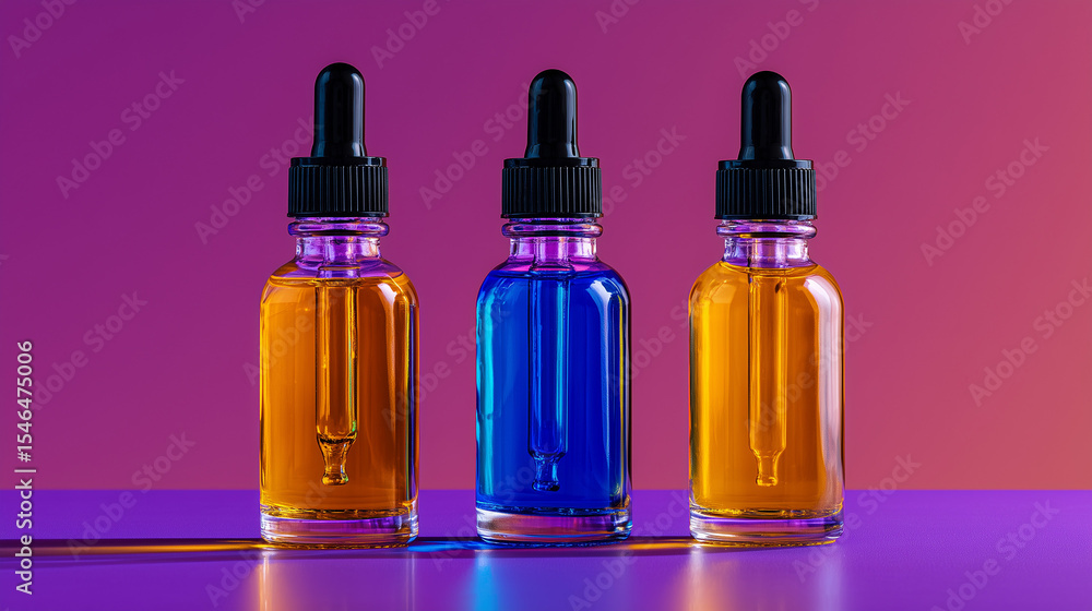 Close-Up of Three Glass Bottles with Essential Oils on Mirrored Surface, Natural Skincare and Beauty Products Close-Up of Three Glass Bottles with Essential Oils on Mirrored Surface, Natural Skincare and Beauty Products