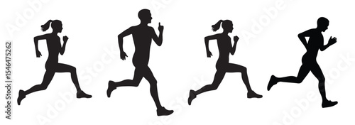 Men and women Running, People doing running exercises are isolated on a white background. jogging exercise silhouette set. Man and Woman silhouettes. Variety Design. EPS 10