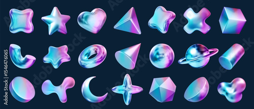 3d holographic shapes, geometric gradient object and vector y2k liquid icon with iridescent rainbow light and shiny metal texture. Hologram figure, heart, cylinder, star, ring and futuristic element.