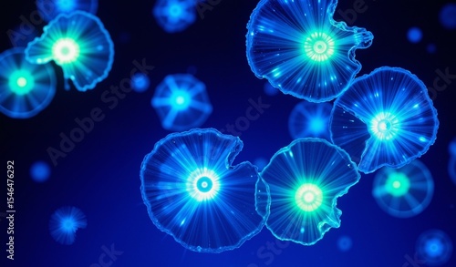 Bioluminescent Jellyfish-Like Crystals Floating in Deep Indigo Void, Ethereal Glow