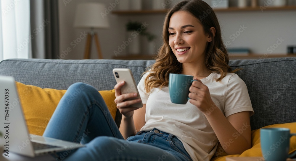 Woman relaxing on sofa with phone and coffee Woman relaxing on sofa with phone and coffee