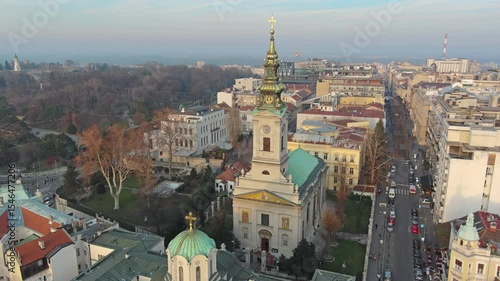 Aerial view of St. Michael Cathedral in Belgrade downtown, Serbian church, 4k