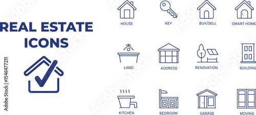 Comprehensive Outlined Real Estate Icon Set Featuring House, Key, Buy, Sell, Loan, Smart Home, Building, Mortgage, Address, Renovation, Land, Kitchen, Bedroom, Living Room, and Bathroom Elements – Edi