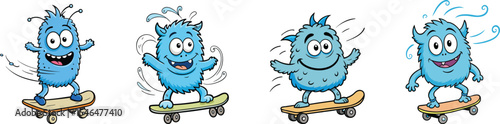 Happy monster cartoon on skateboard set vector illustration