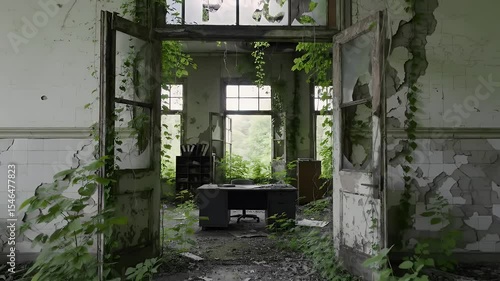 Abandoned building interior overgrown with plants faded light and decay details a great backdrop for many editorial and commercial uses