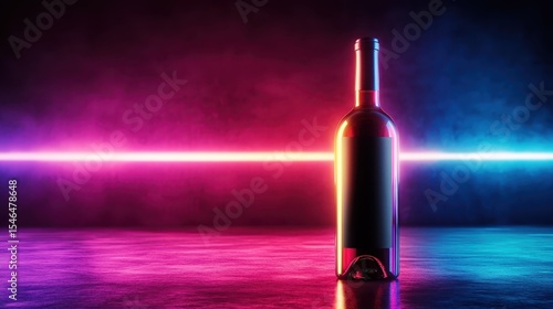 An artistic display of a wine bottle illuminated by vibrant neon lights, showcasing its elegance and creating a captivating visual experience with striking colors and reflections.