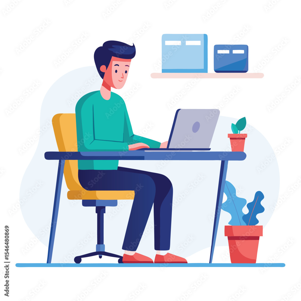 man sitting in chair at laptop computer at desk vector illustration man sitting in chair at laptop computer at desk vector illustration
