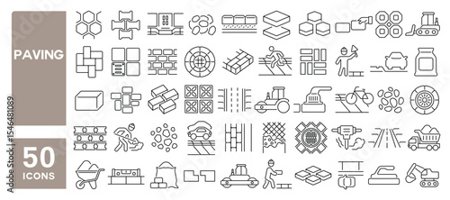 Set of 50 line icons related to paving, paver block, pavement, sidewalk, footpath, paver brick, Editable stroke. Vector illustration