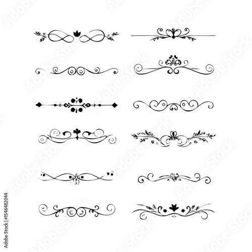 text dividers doodle set. Wedding decorative elements. Divider ornament, borders, floral, vintage line separators. Hand drawn vector illustration isolated on white background. Set page dividers.	