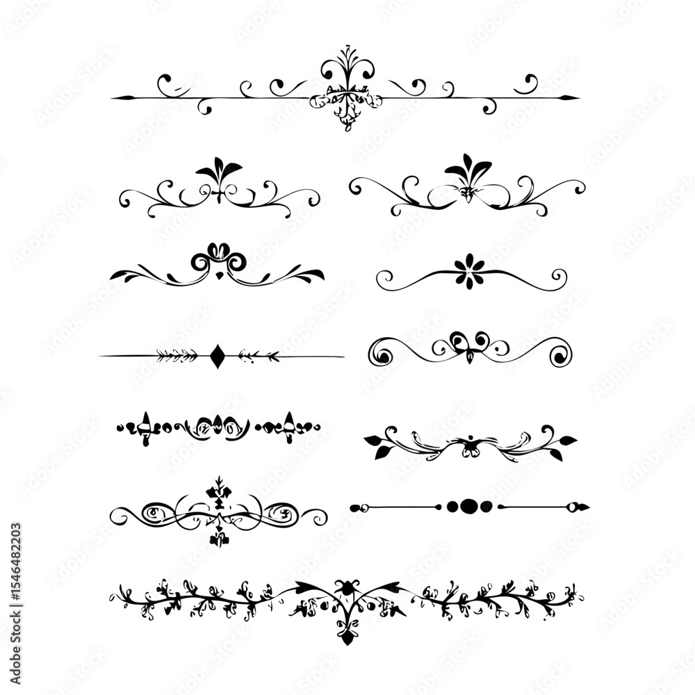 Obraz premium Text dividers doodle set. Wedding decorative elements with leaves, swirls, hearts. Divider ornament, borders, lines. Hand drawn vector illustration isolated on white background 