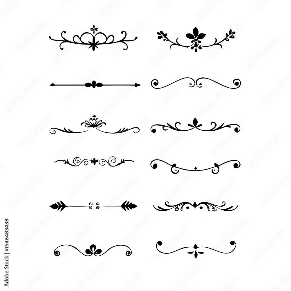 Page Divider And Design Elements. Set of Various Simple Black Divider Design, Assorted Divider Collection Template Vector. Collection of floral dividers elements mega decoration for Calligraphy.
Page Divider And Design Elements. Set of Various Simple Black Divider Design, Assorted Divider Collection Template Vector. Collection of floral dividers elements mega decoration for Calligraphy.