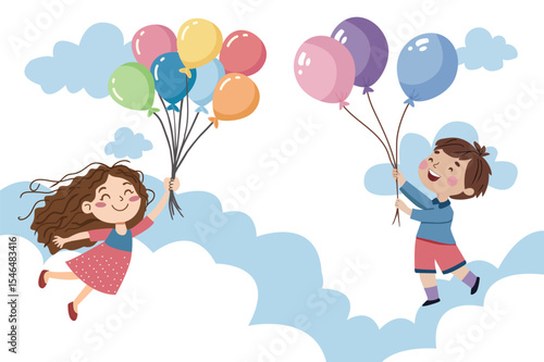 Cute boy and girl holding balloons in hand and Flying in the sky.