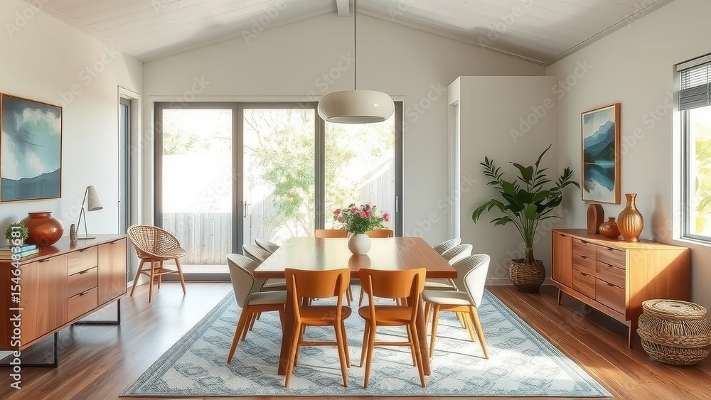 Fototapeta premium Dining room interior with wooden table chairs and sideboard cabinets