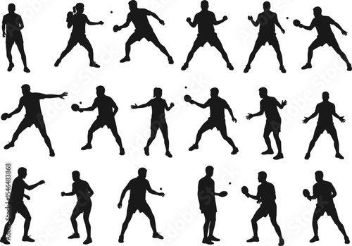 Table tennis player silhouettes, dynamic paddle motion, ping pong athletes in action, sports illustration set, black figure collection, competitive energy, vector artwork design