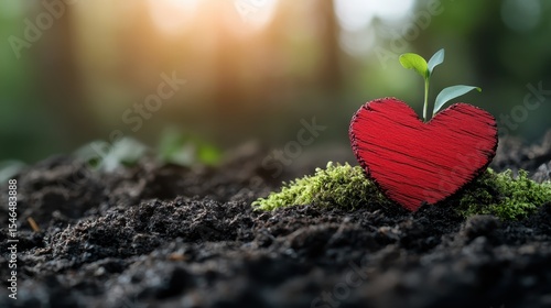 A heart-shaped wooden design cradling a small plant symbolizes love for nature and new beginnings, emphasizing the connection between humanity and the environment.