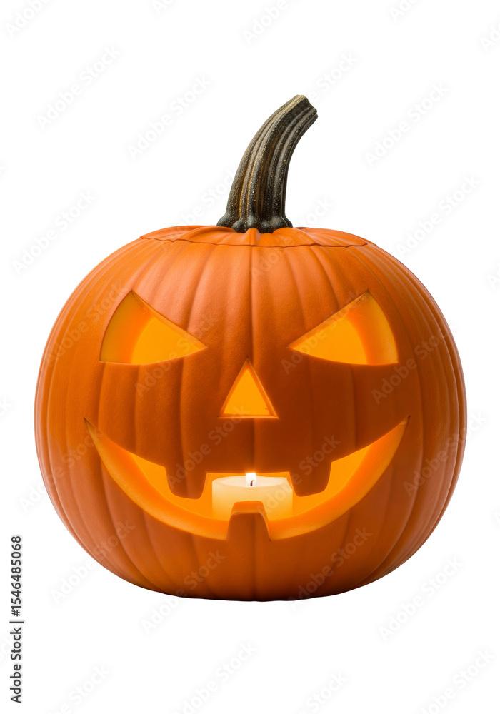PNG cut out isolated background. A classic orange jack-o'-lantern is presented, featuring a carved smiling face with triangular eyes and nose, and illuminated from within by a warm glowing candle.
PNG cut out isolated background. A classic orange jack-o'-lantern is presented, featuring a carved smiling face with triangular eyes and nose, and illuminated from within by a warm glowing candle.