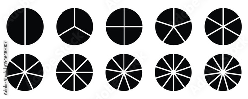 Pie chart circle division infographic icon set. Set of Percentage Indicators. Progress Indicator Icons for UI Design. Business infographic vector set.   Percentage Pie Charts from 2 to 12 Percent. 