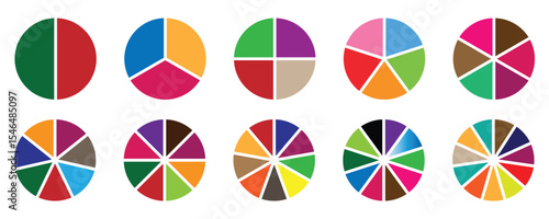 Circle diagram collection with sections or parts. Colorful diagram collection with 2,3,4,5,6 sections or steps. pie chart divided equal parts, ring percentage wheel, Segmented circle icons for infogra