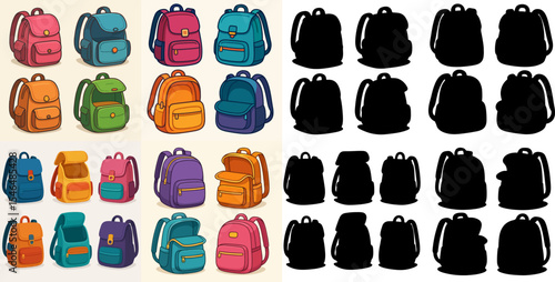 Cartoon school backpacks and silhouette. Empty school bags, colorful open and close textile backpacks flat vector illustration set. School, sport or travel bags collection