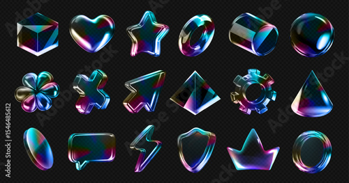 Set of 3d transparent glass shapes with holographic rainbow light and overlay gradient effect. Vector morphism, crystal hologram icon - heart, star, flower, speech bubble and arrow on dark background.